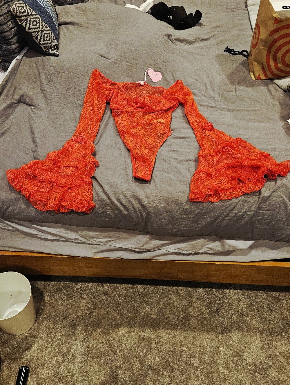 Dolls KILL Lace Bell-Sleeve Bodysuit in Bright Orange